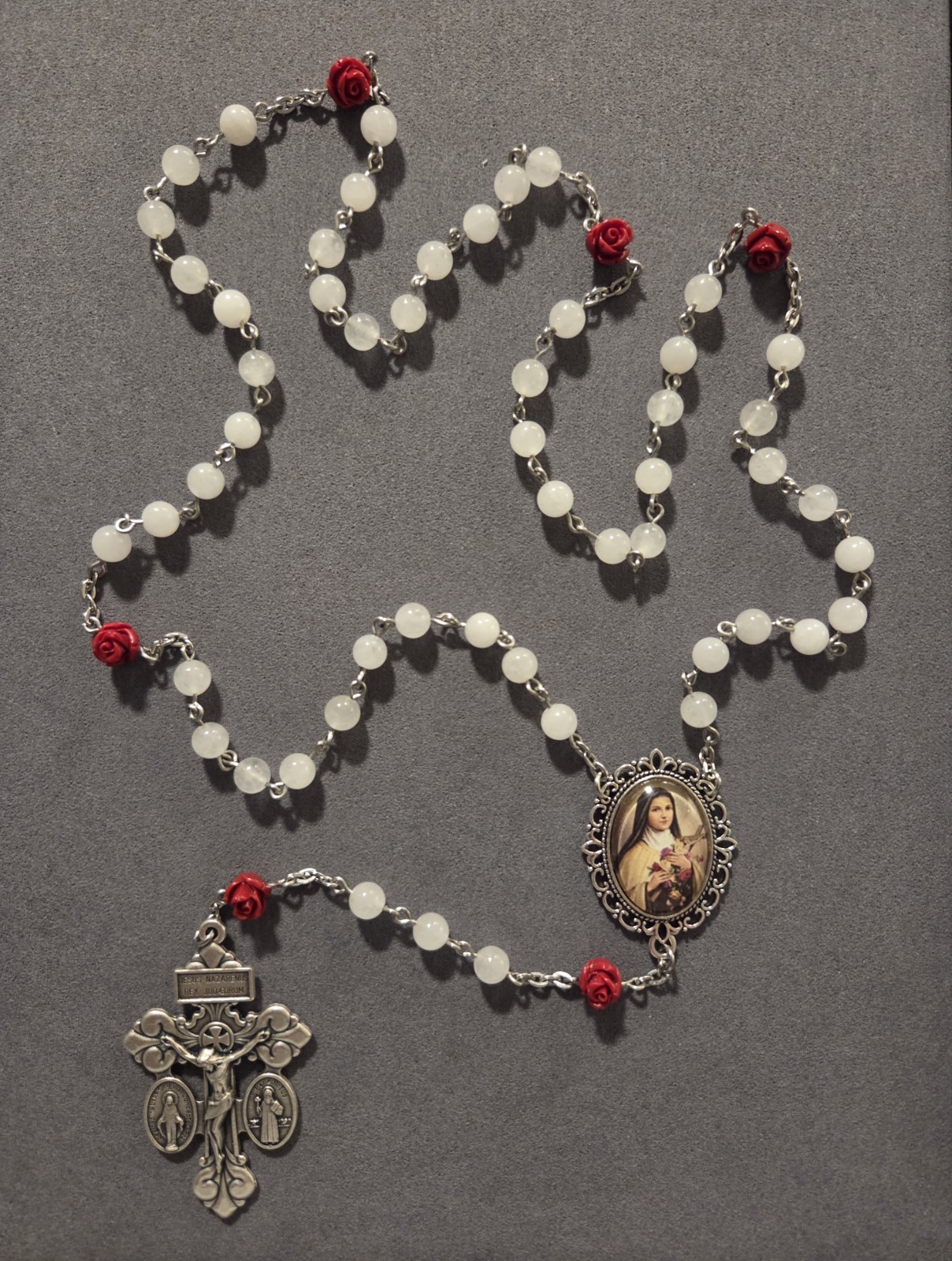 Saint Therese White Jade and Shell Rosebud Rosary with Triple Pardon Crucifix