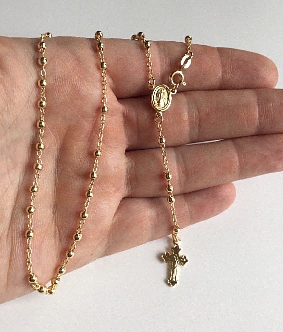 18k Gold Over Solid 925 Sterling Silver Italian Rosary 3mm-20″ /Rosario Plata
