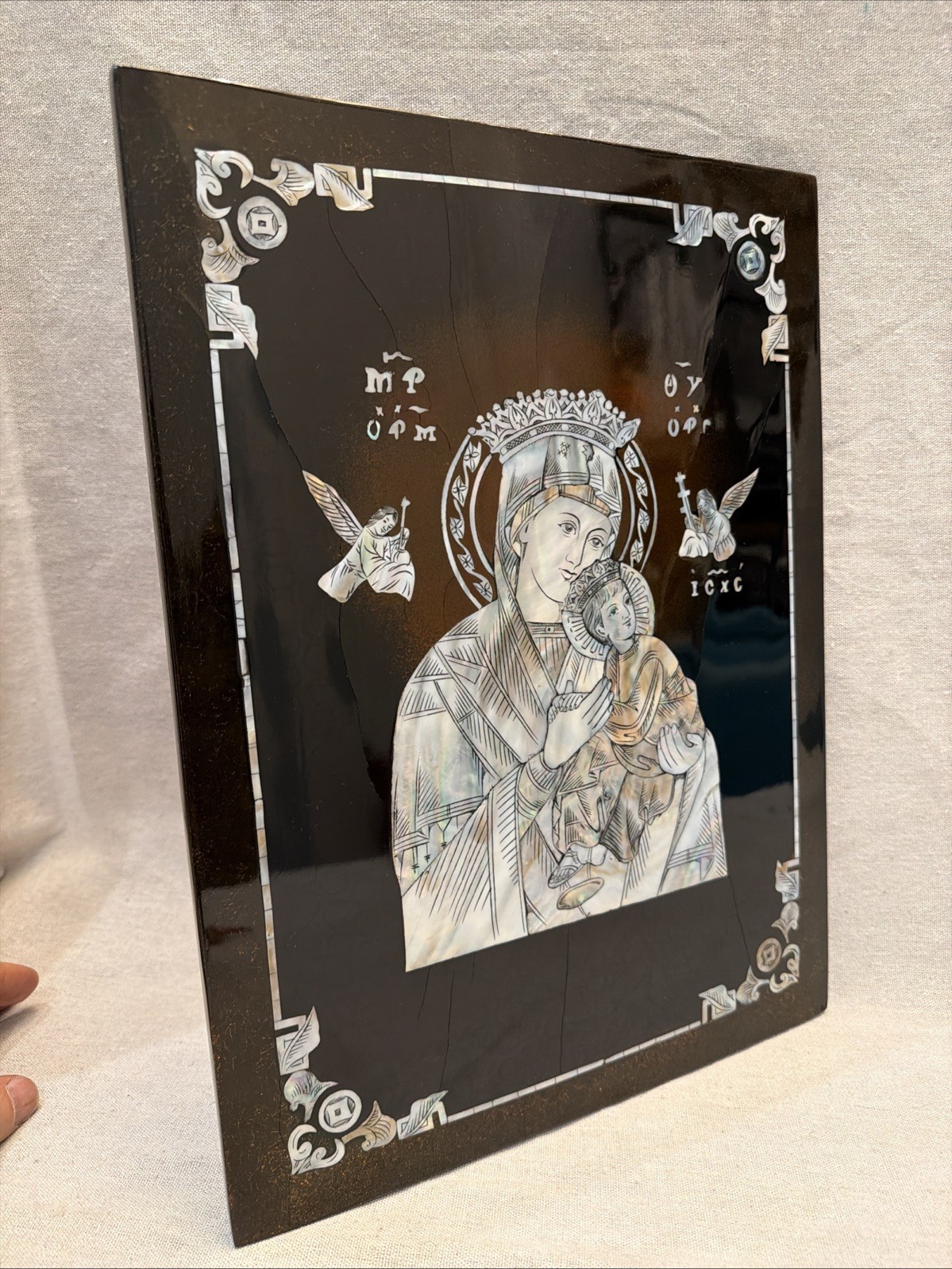 LACQUER & Mother Of Pearl INLAID VIRGIN MARY AND INFANT JESUS