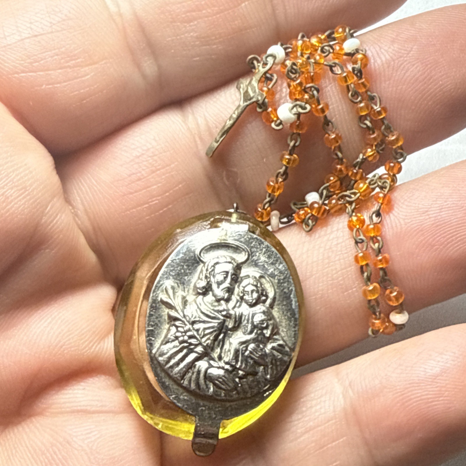 mini rosary Czech Glass In Czech Lucite Holder Pendant Antique Czechoslovakia