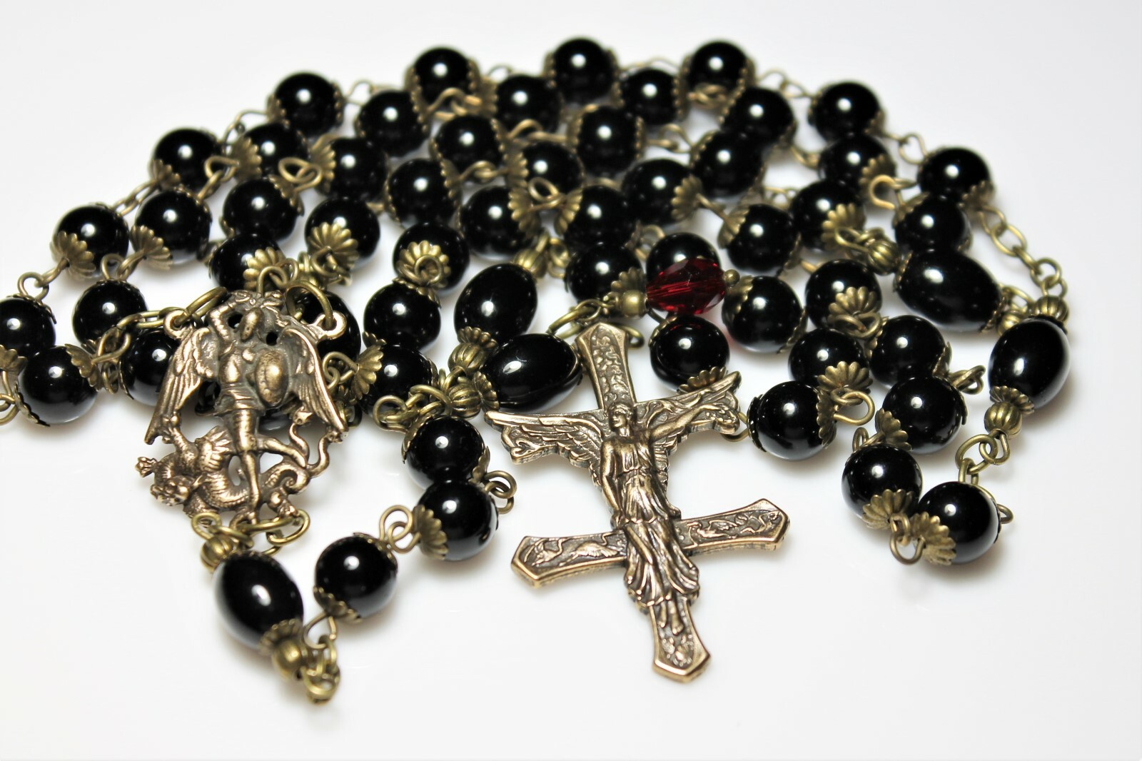 New St. Michael Crucifix Black Onyx Antique Bronze Rosary, Rosario, Rosenkranz