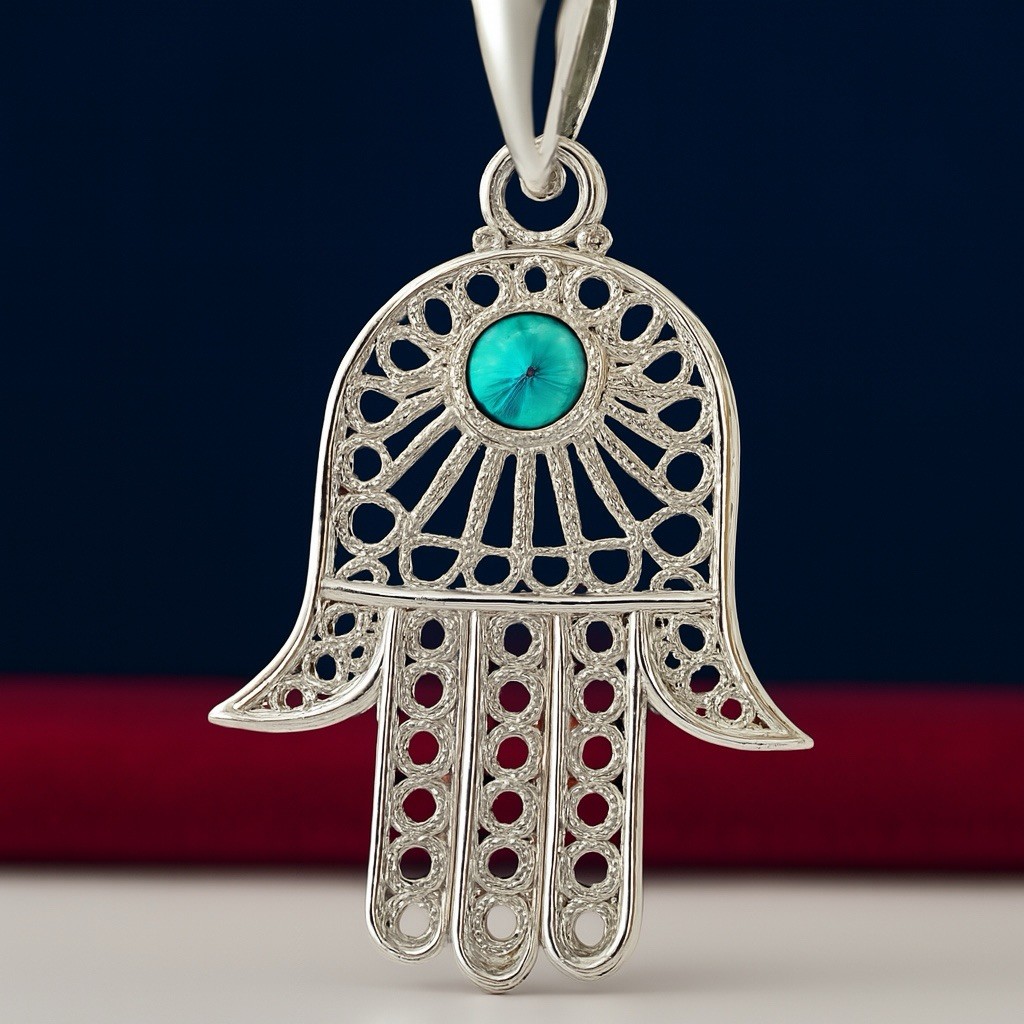 925 Sterling Silver Turquoise Protection Hamsa Symbol Spirituality Hand Pendant