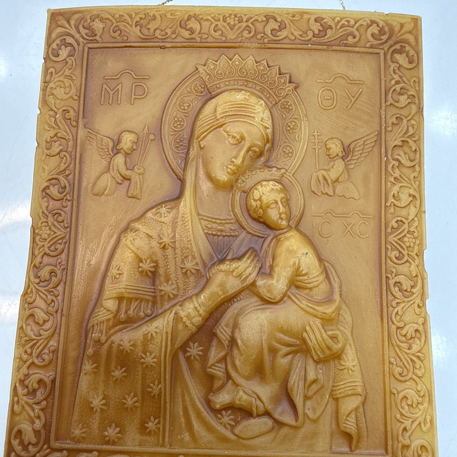 Vtg BYZANTINE MOLDED Gold WAX ICON Christianity Art Plaque Greek MADONNA & JESUS