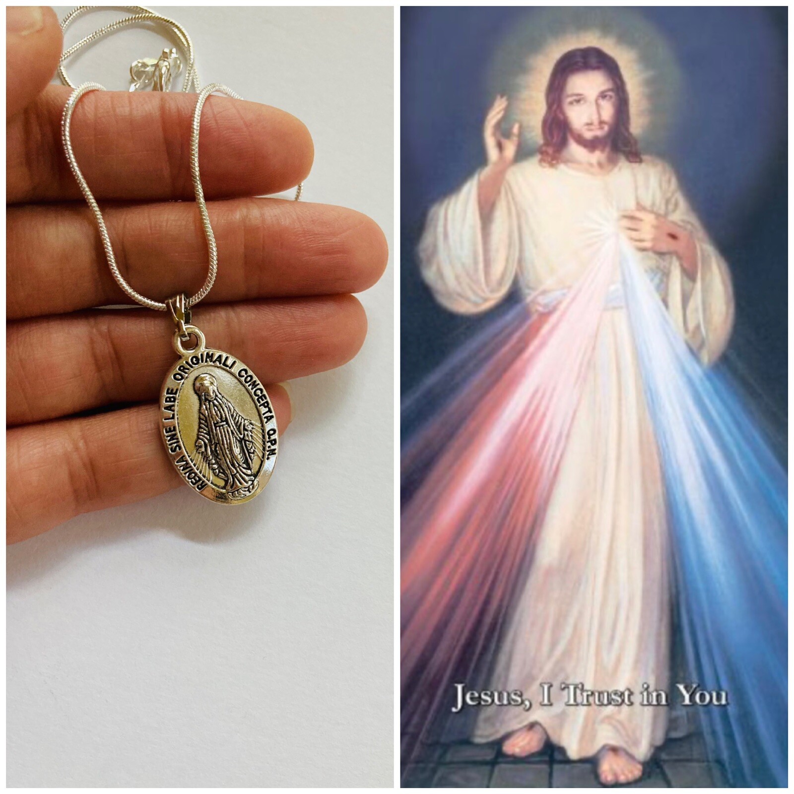 Miraculous Medal Silver Zinc Alloy Pendant Necklace -5 Divine Mercy Prayer Card