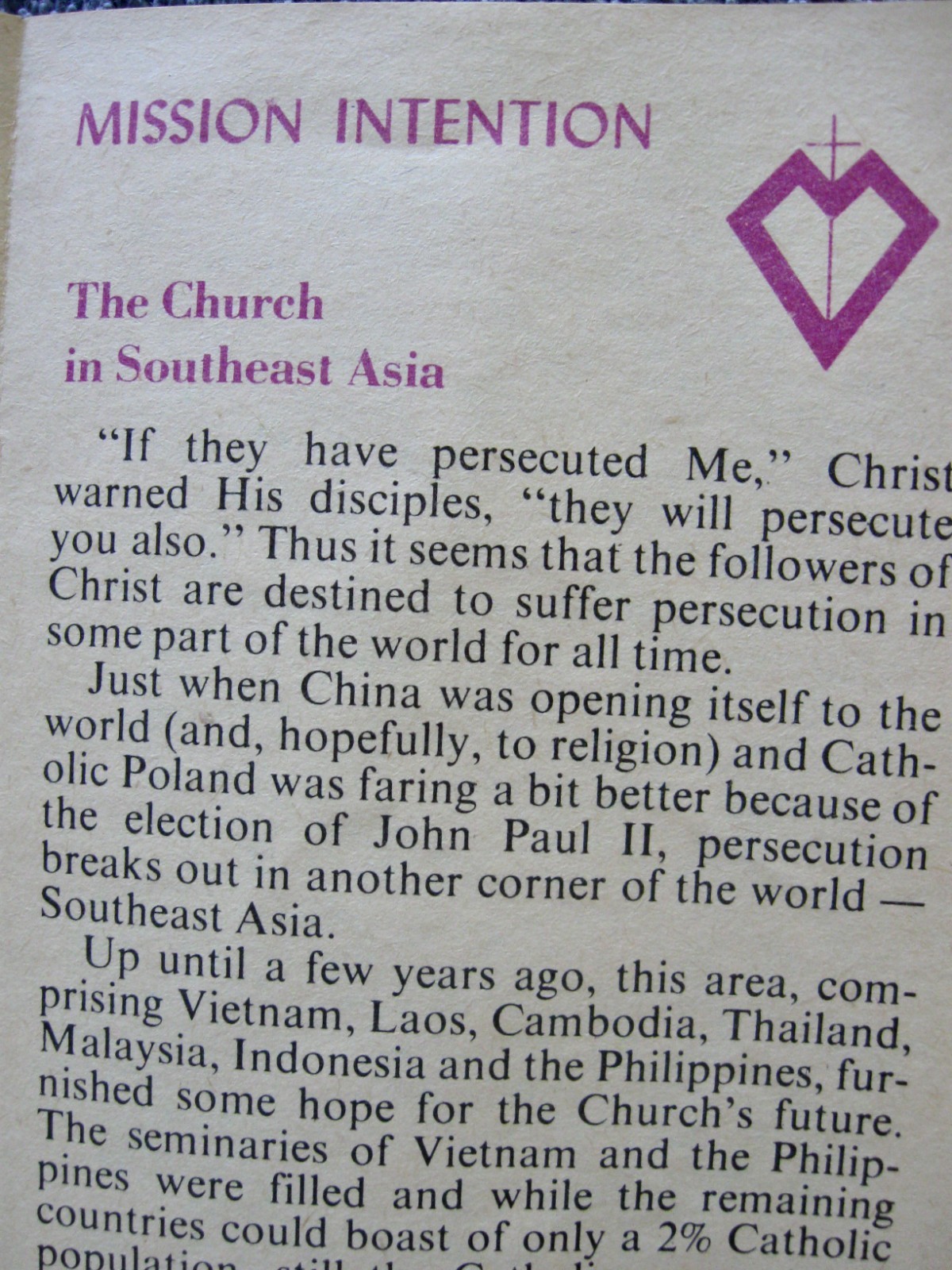 APOSTLESHIP of PRAYER Monthly Leaflet April 1979; General & Mission Intentions
