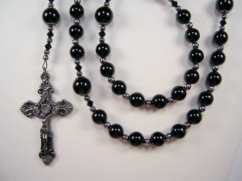 Womens Black Large Rosary Catholic 22″ Necklace 8mm Black Onyx Católico Rosario