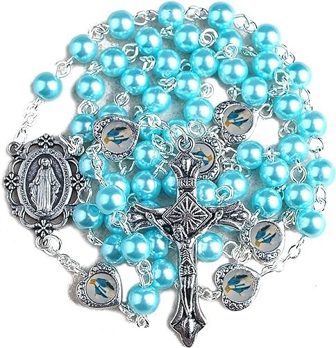 Blessed Mother Mary Our Lady Grace Aqua Glass Pearl Beads & Heart Beads Rosary