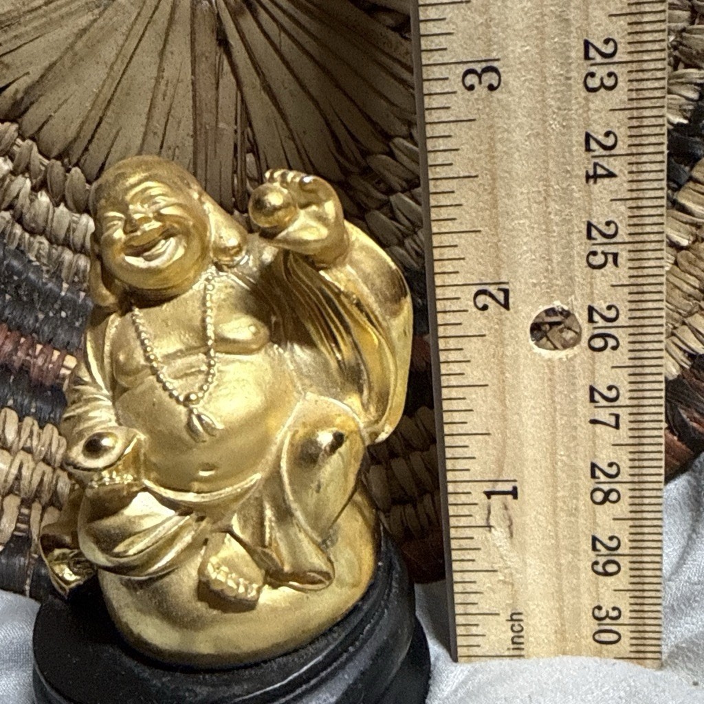 Vintage Golden Wealth /Good Luck Buddha statue on Wood Base 3 X2 Inches