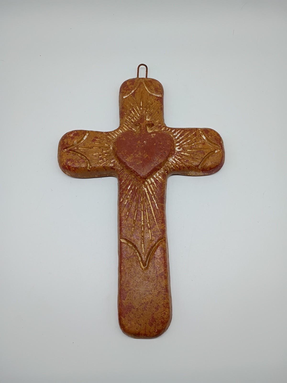 Mexican Folk Art Cross Terra Cotta Clay Pottery Crucifix Sacred Heart