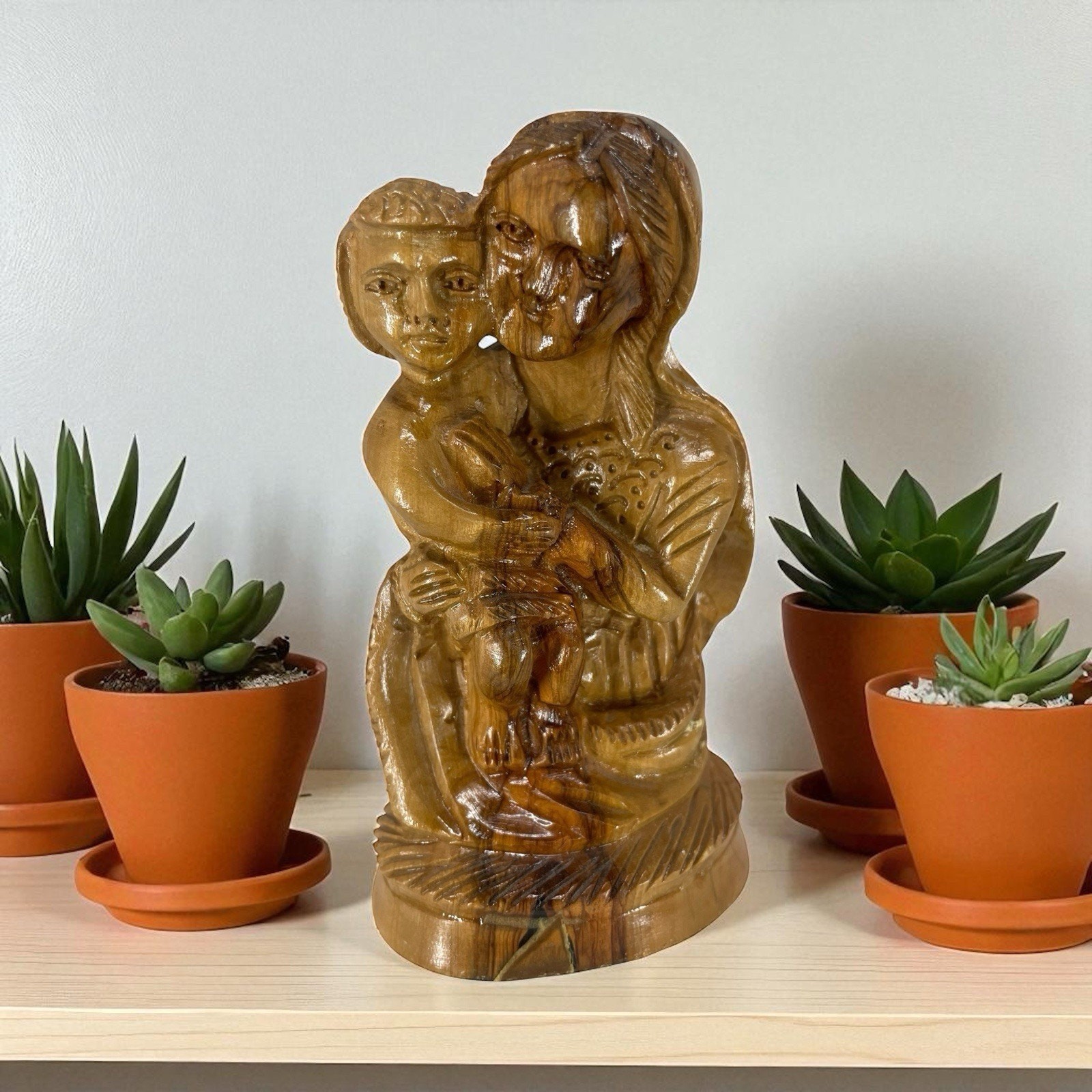 Hand Carved Olive Wood Virgin Mary & Jesus Statue from Mt of Olives Jerusalem
