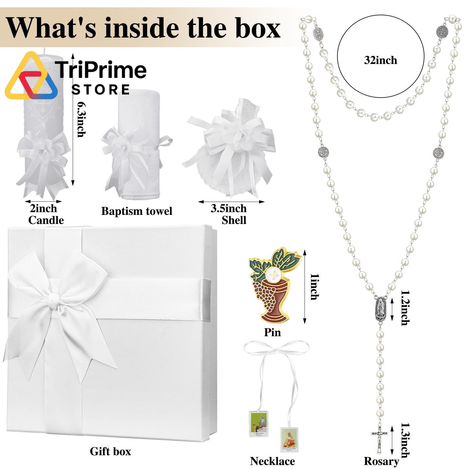 7 Pcs White Baptism Candle Set Catholic Baptismal Candle Towel Rosary Necklace S