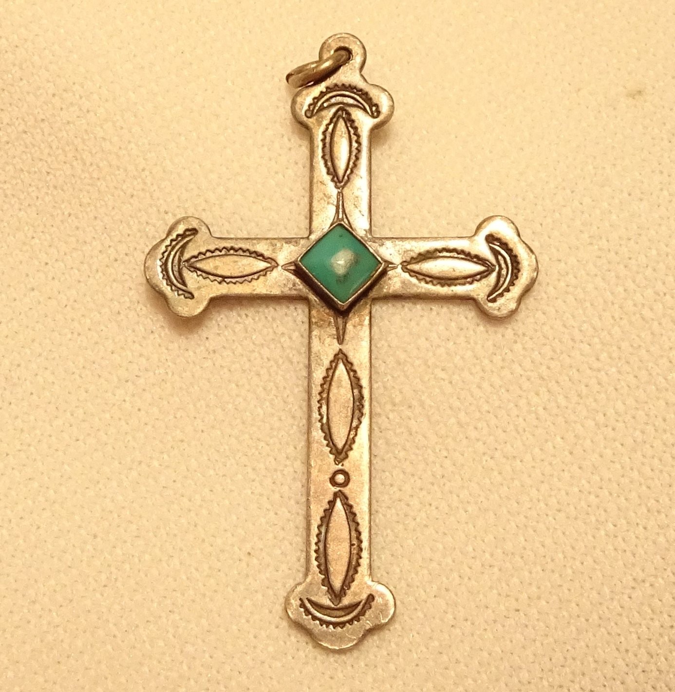 Turquoise Christian Cross Pendant Sterling Silver Antique