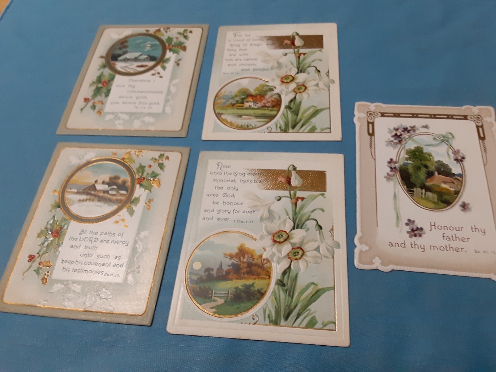 5 Vintage Victorian Bible Verse Cards I Tim:1:17, Ex 20:12, Ps 119:127,Ps 25:10,