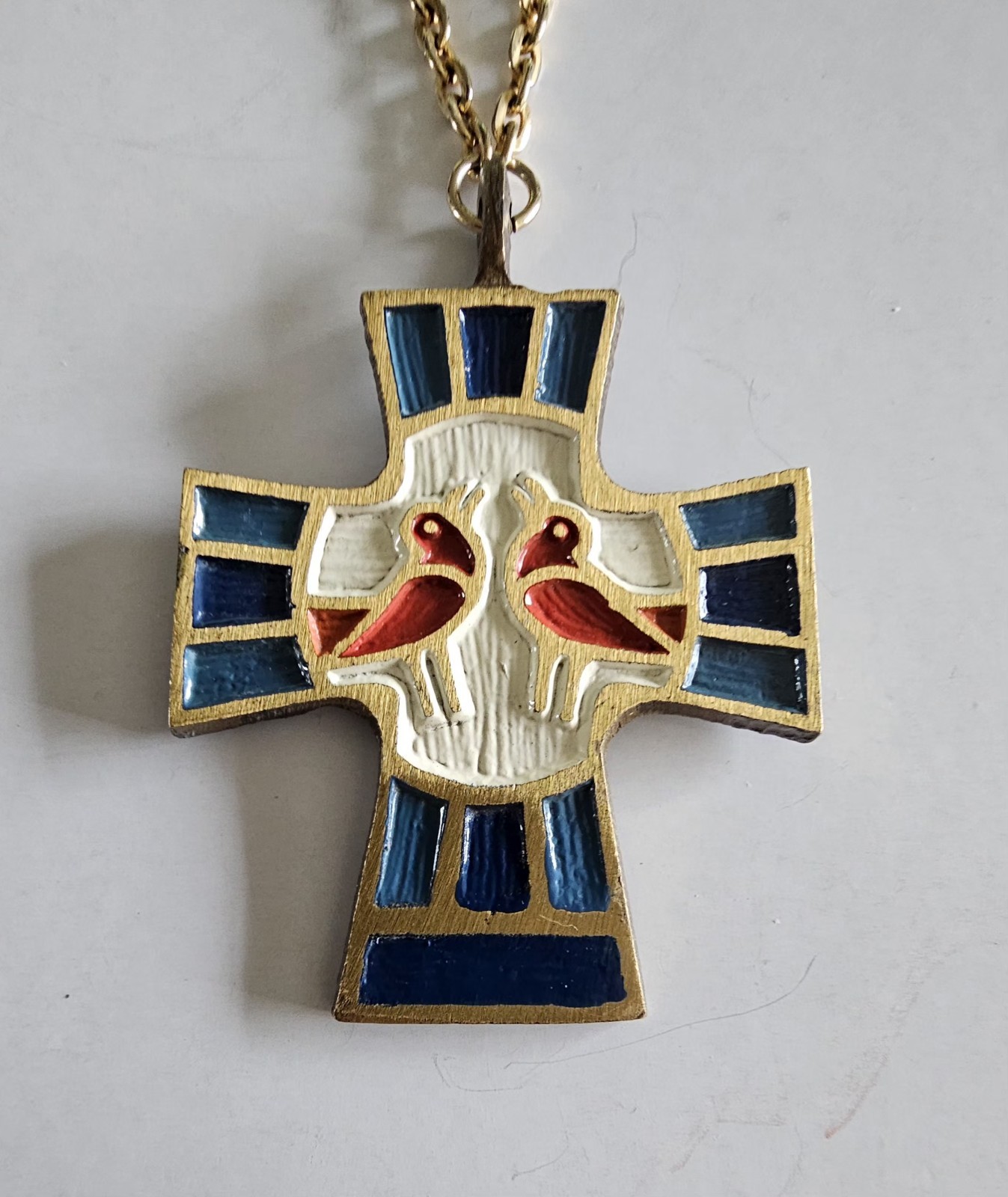 Vintage TEPA San Cta Guild Enamel Cross Necklace Birds Dove Gold Tone 18”