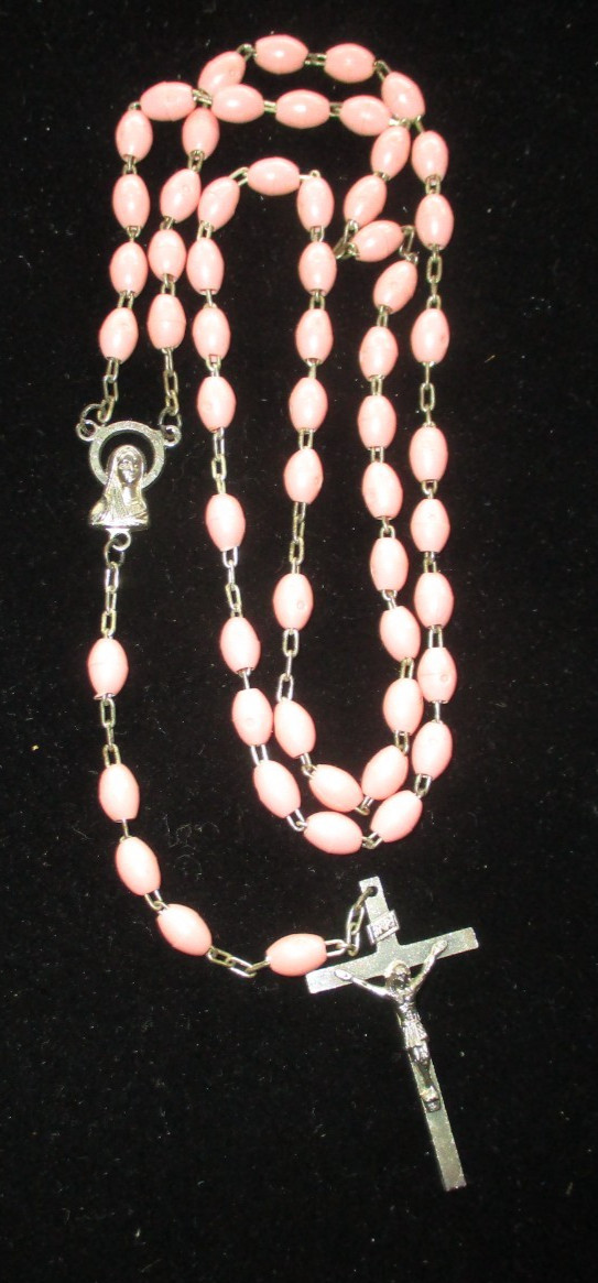 Pink Beads Rosary Necklace Catholic Medal & Italy Cross Crucifix