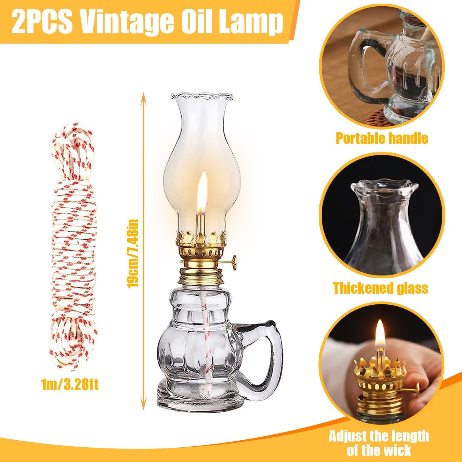 2PCS Chamber Oil Lamp Glass Kerosene Lamps, Vintage Lamps for Clear