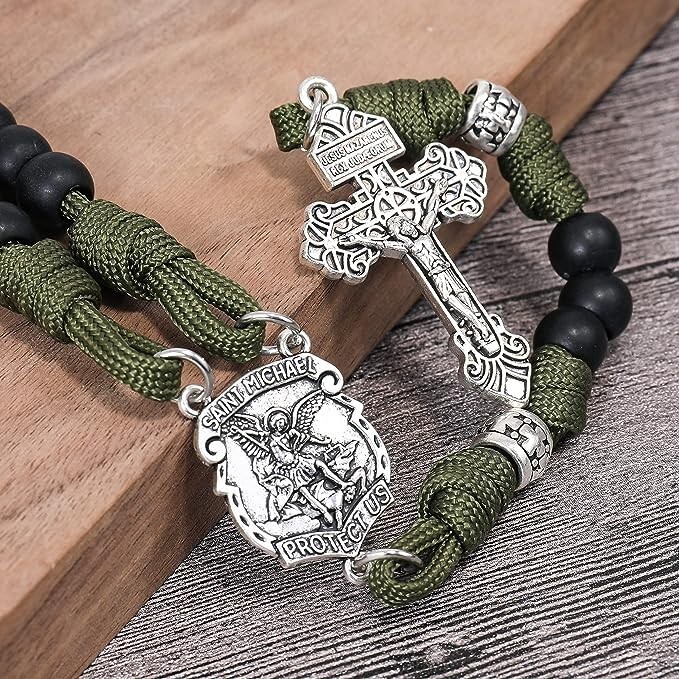 St Michael Paracord Rosary Rugged Beaded Cord Necklace Catholic Pardon Crucifix