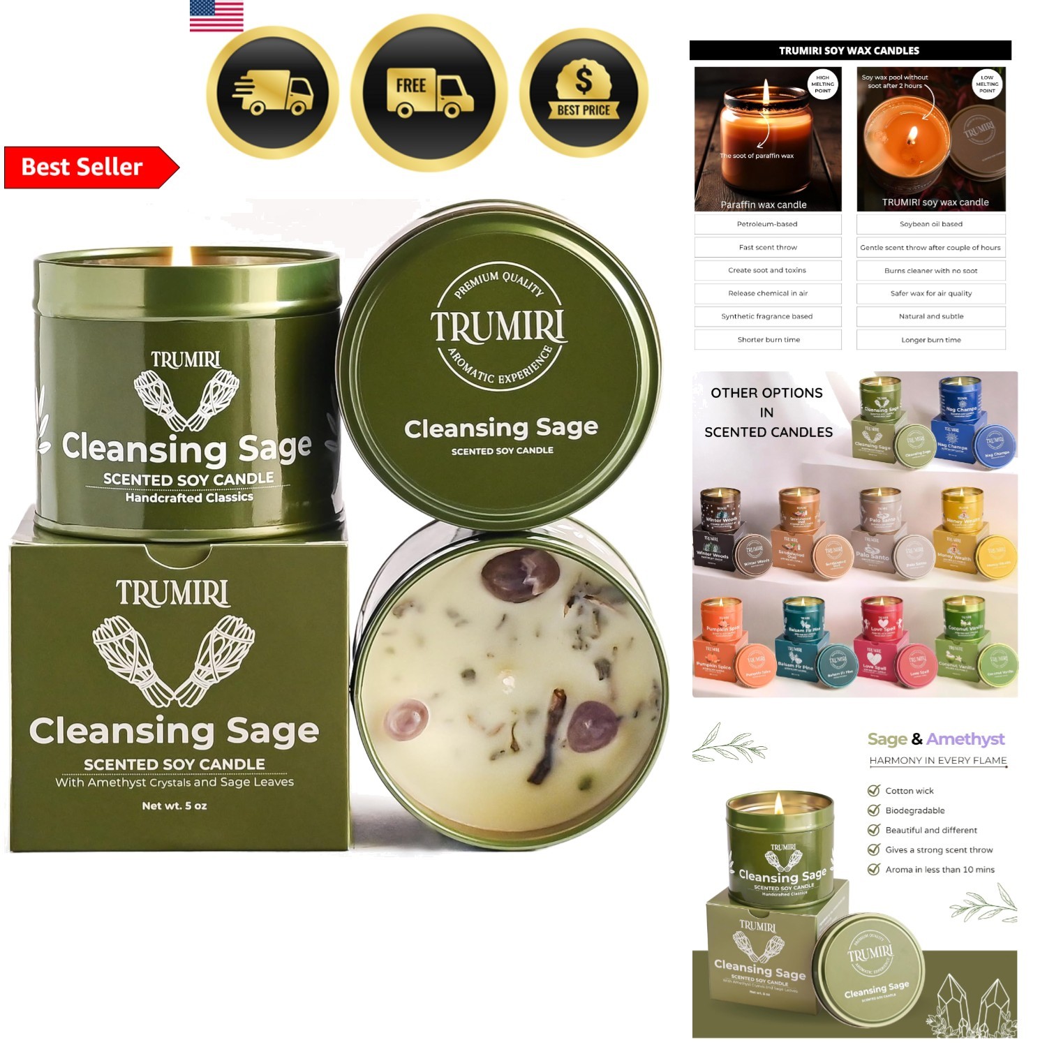 Sage Candle for Cleansing Home Negative Energy Smudge Kit Soy Wax Aromatherapy
