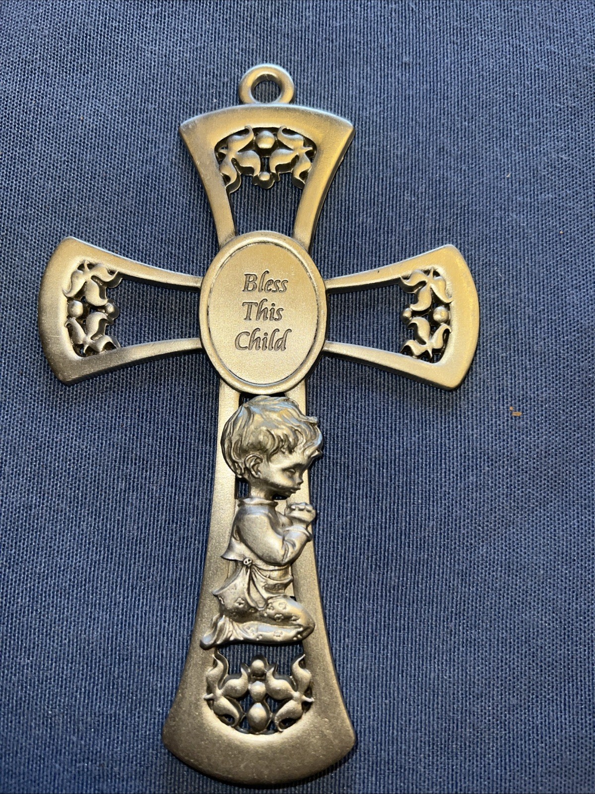 Baby Cross Joan Creamer 2006 Pewter Angel Praying Boy 3.5″ Bless This Child