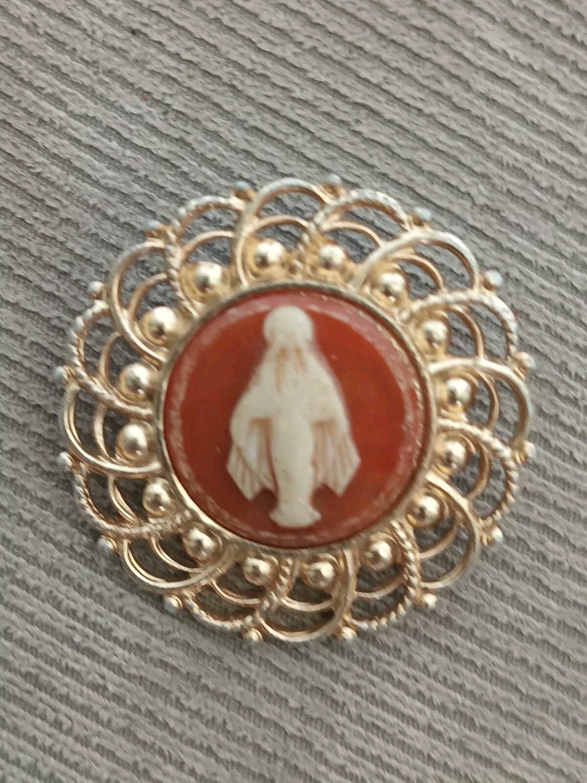 Vintage Miraculous Mary Cameo Pendant Catholic Gold Tone Made In Germany