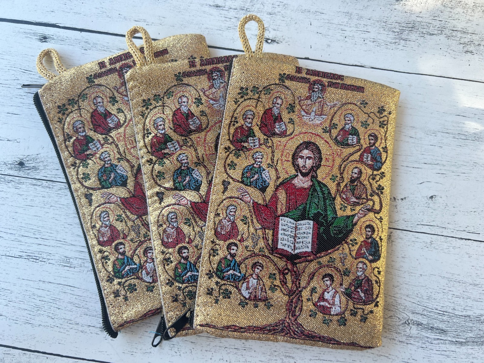 3pc Jesus & Apostles Tapestry Rosary Pouch Zippered Coin purse 5 1/2″ x 3 3/4″