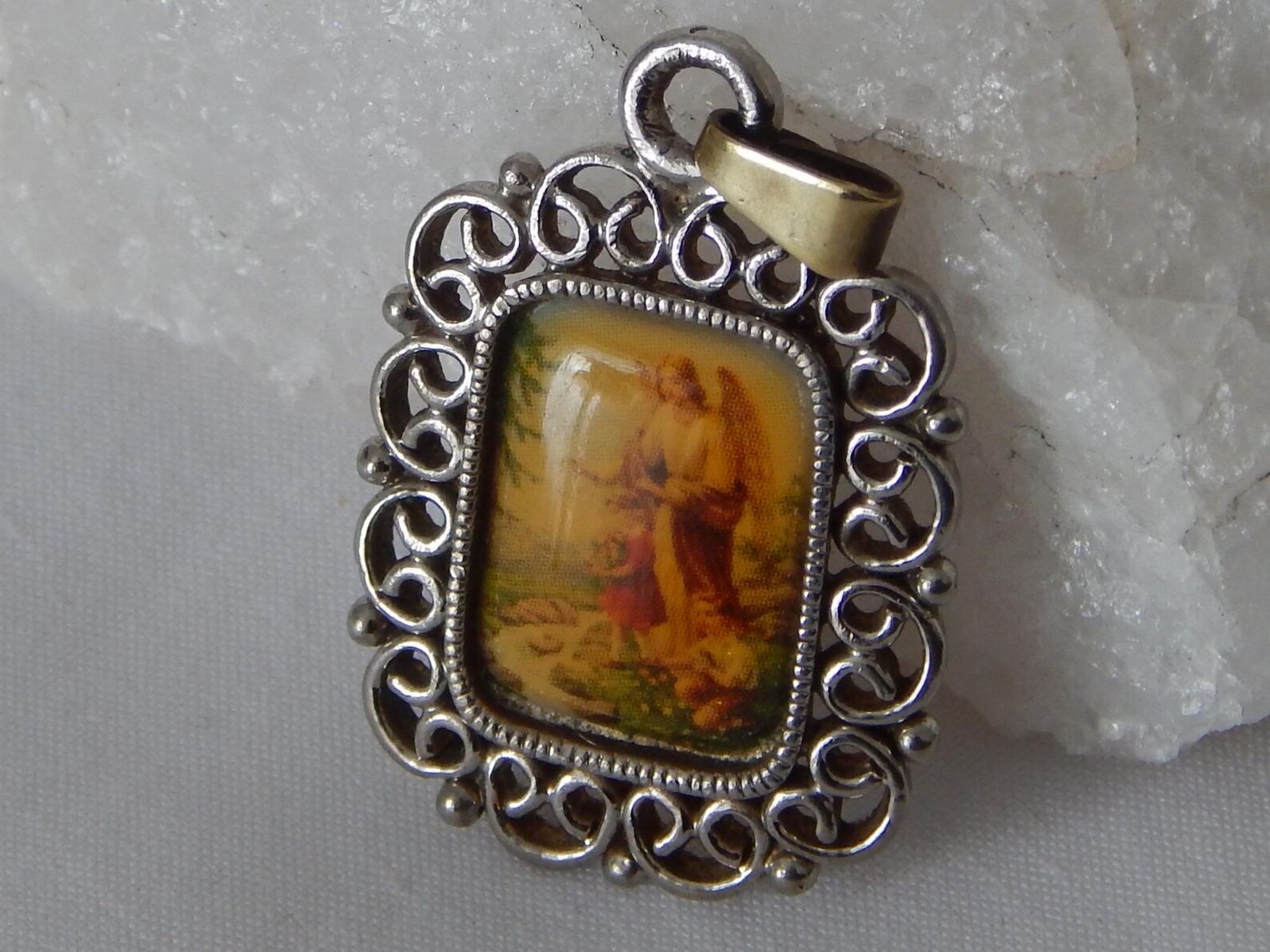 Vintage Guardian Angel Filigree Lucite Medal #494