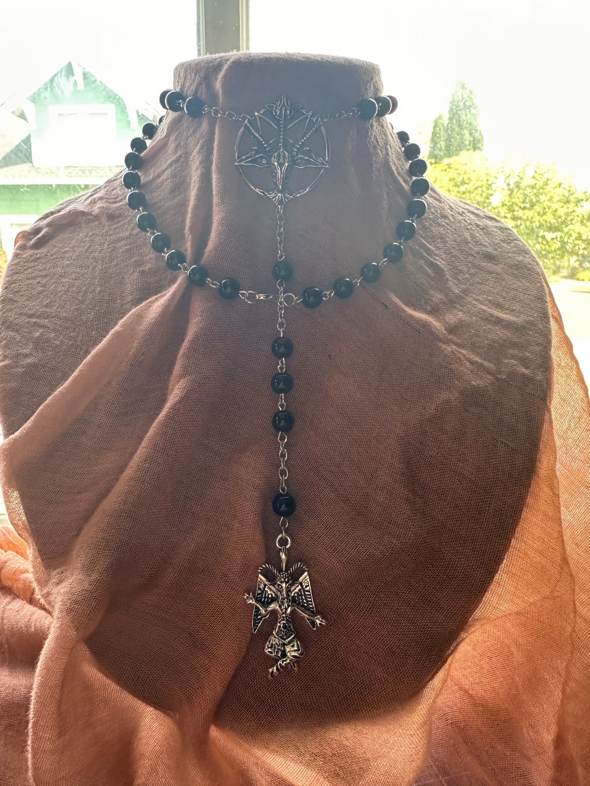 Black and Silver Baphomet Center Rosary with Baphomet Pendant 666 heavy metal