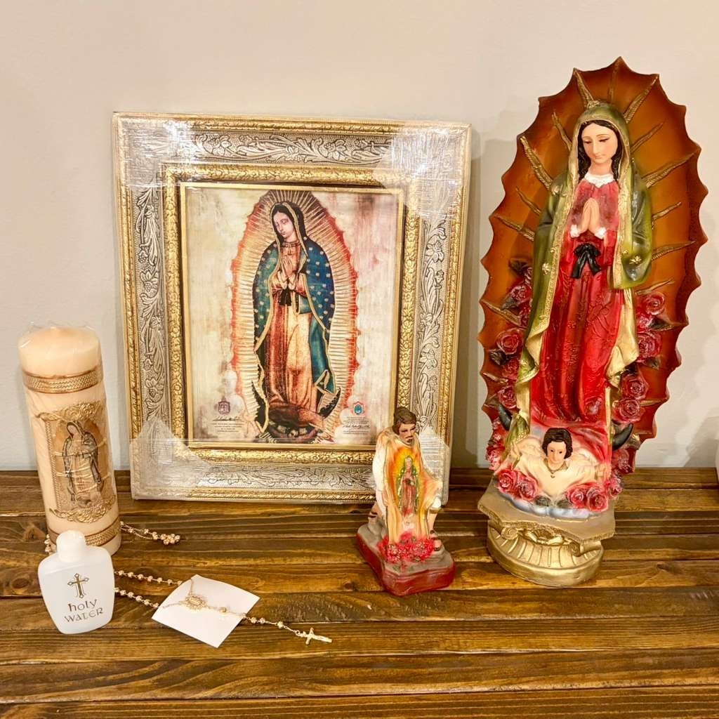Virgin of Guadalupe Complete Home Altar Set Handmade Catholic Decor Holy Water