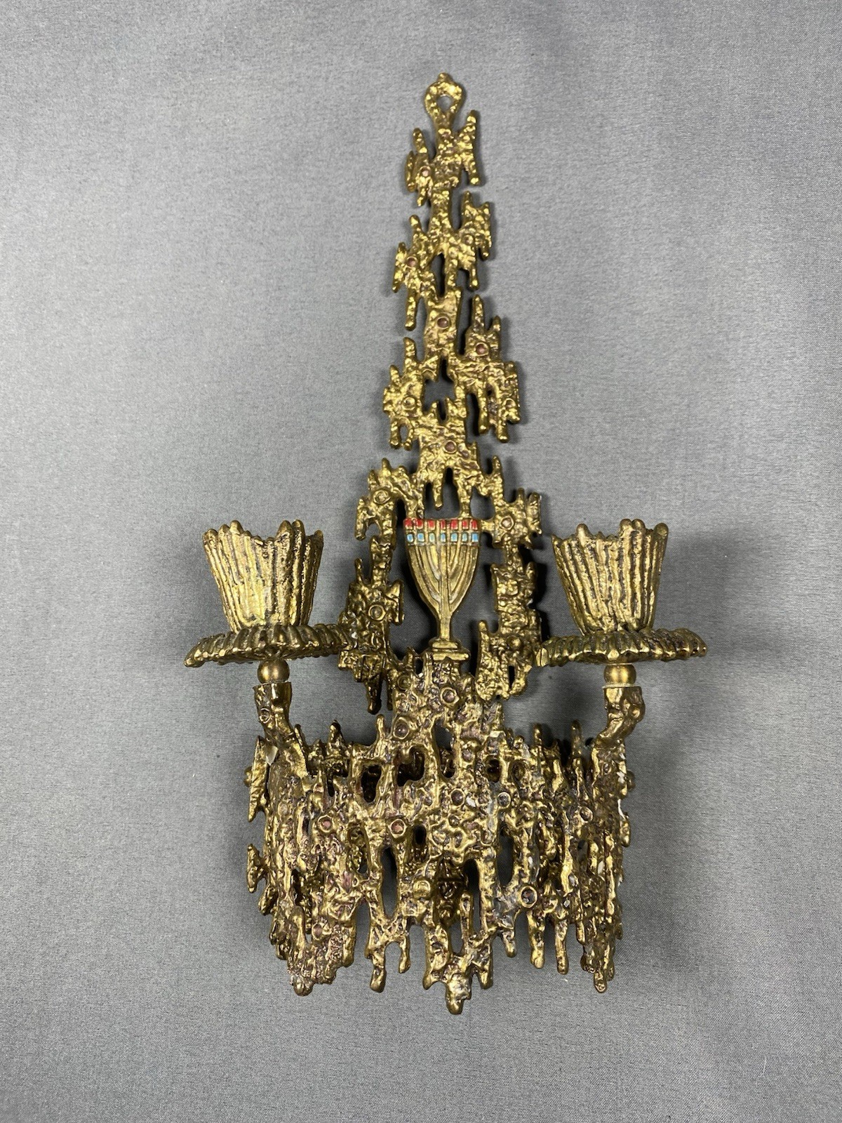 Signed Wainberg Brass Brutalist Menorah Hanging Hanukkah Candle Holder