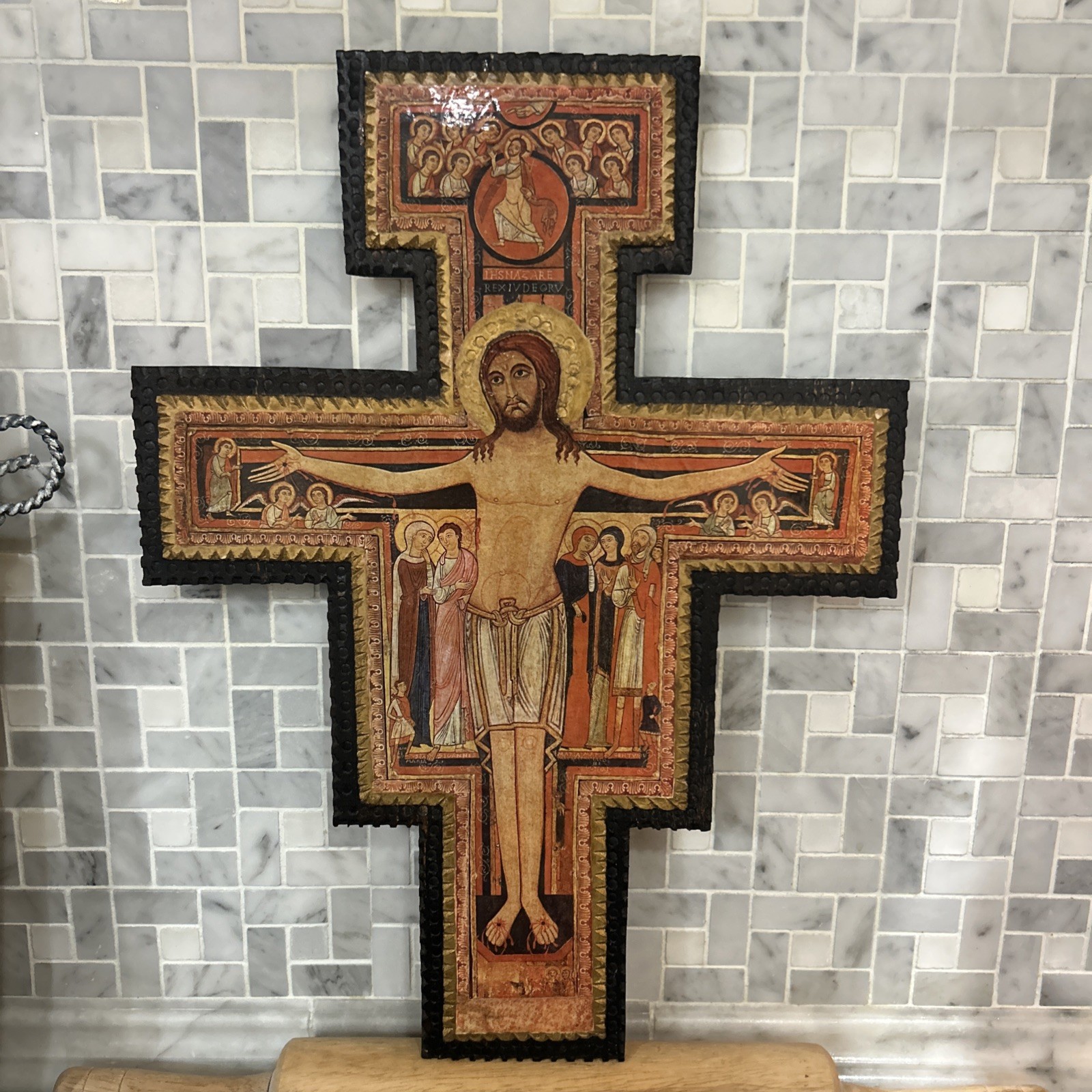 Vintage San Damiano Wall Cross Crucifix Made In Italy? Wood 16 1/2 InPlaque