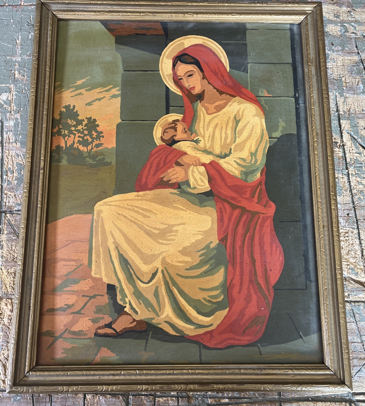 Vintage paint by number picture and frame, Mary With Baby Jesus 1956. Warm Tone