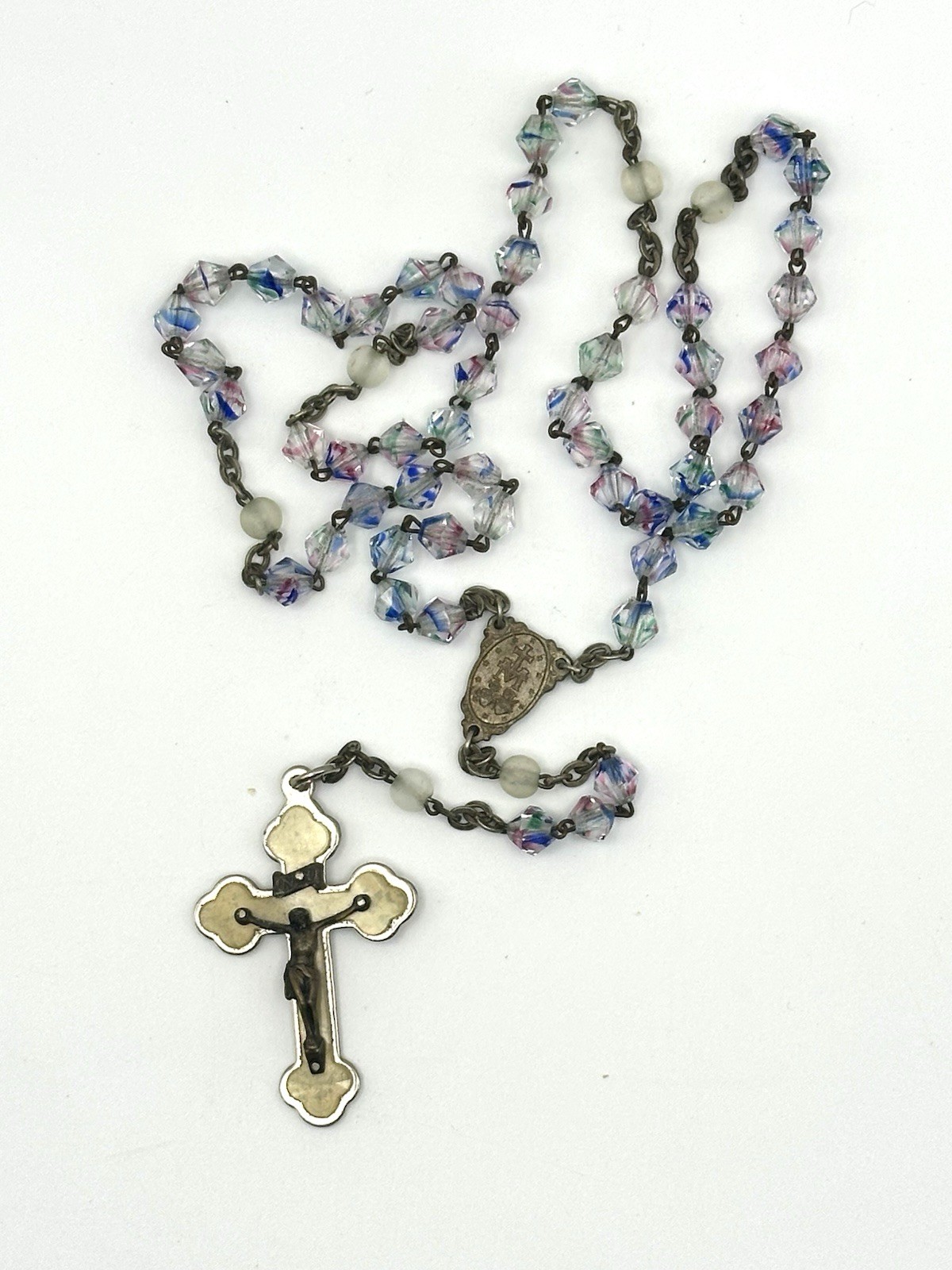 Vintage Catholic Mother of Pearl Cross Crucifix Rosary Beads Multicolor Germany