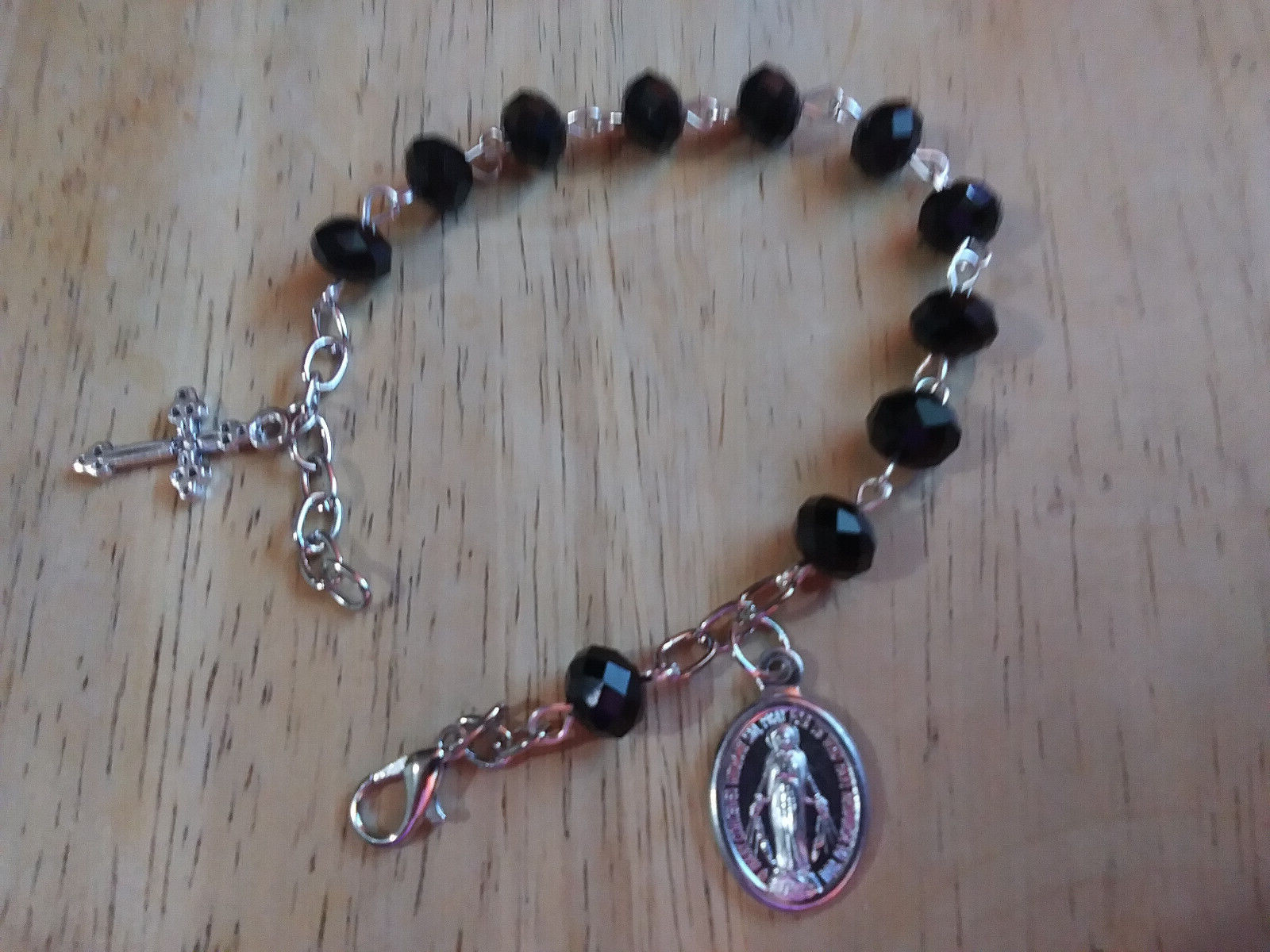 Black Crystal Rosary Bracelet 8mm Beads miraculous medal cross Handmade in USA