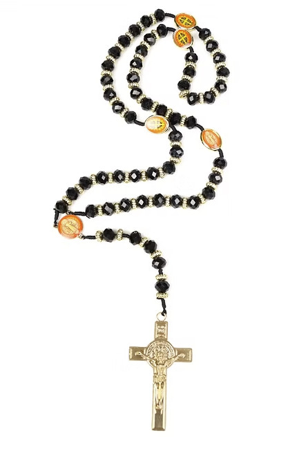 St. Benedict Rosary Necklace with Black Crystal Shiny Beads and Gold Metal Cross