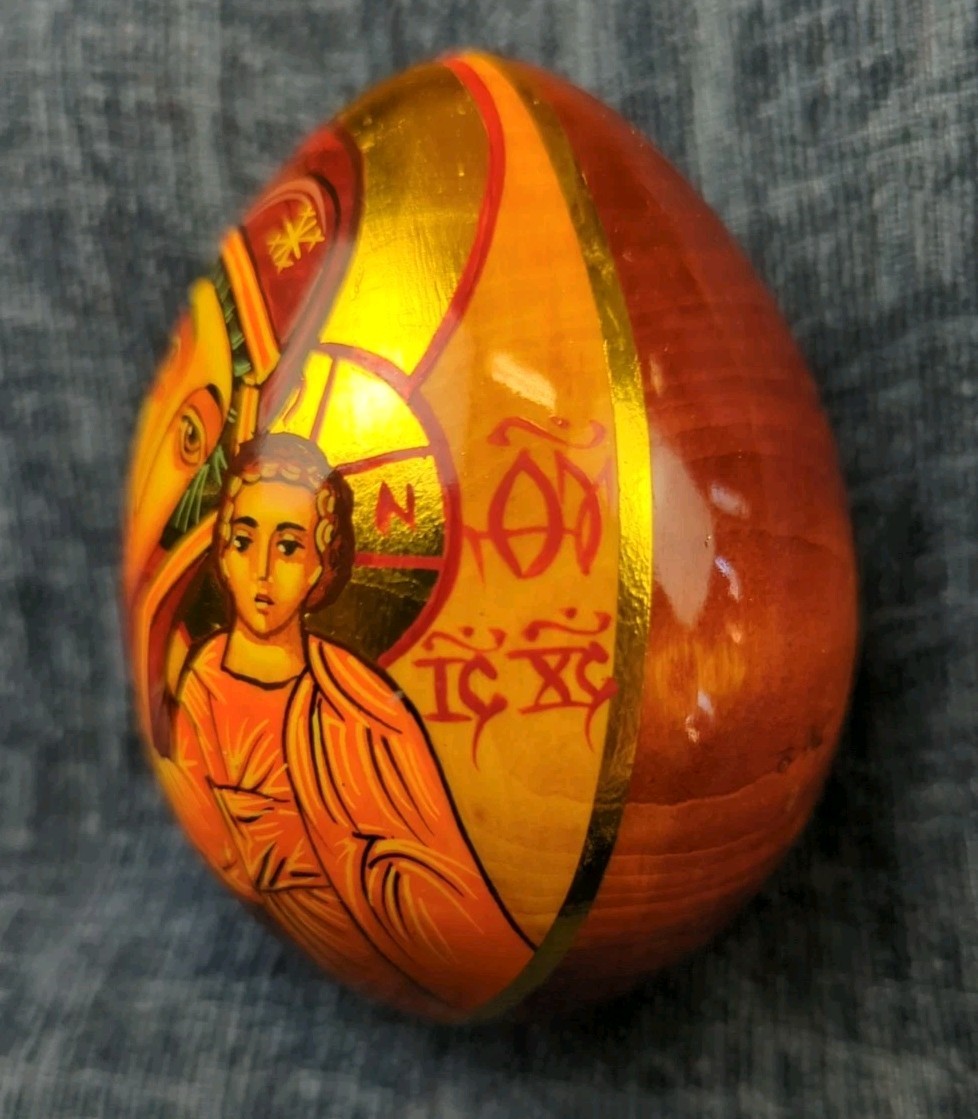 Russian Orthodox Church Wood Egg Mother And Child Religious Icon Hand Painted