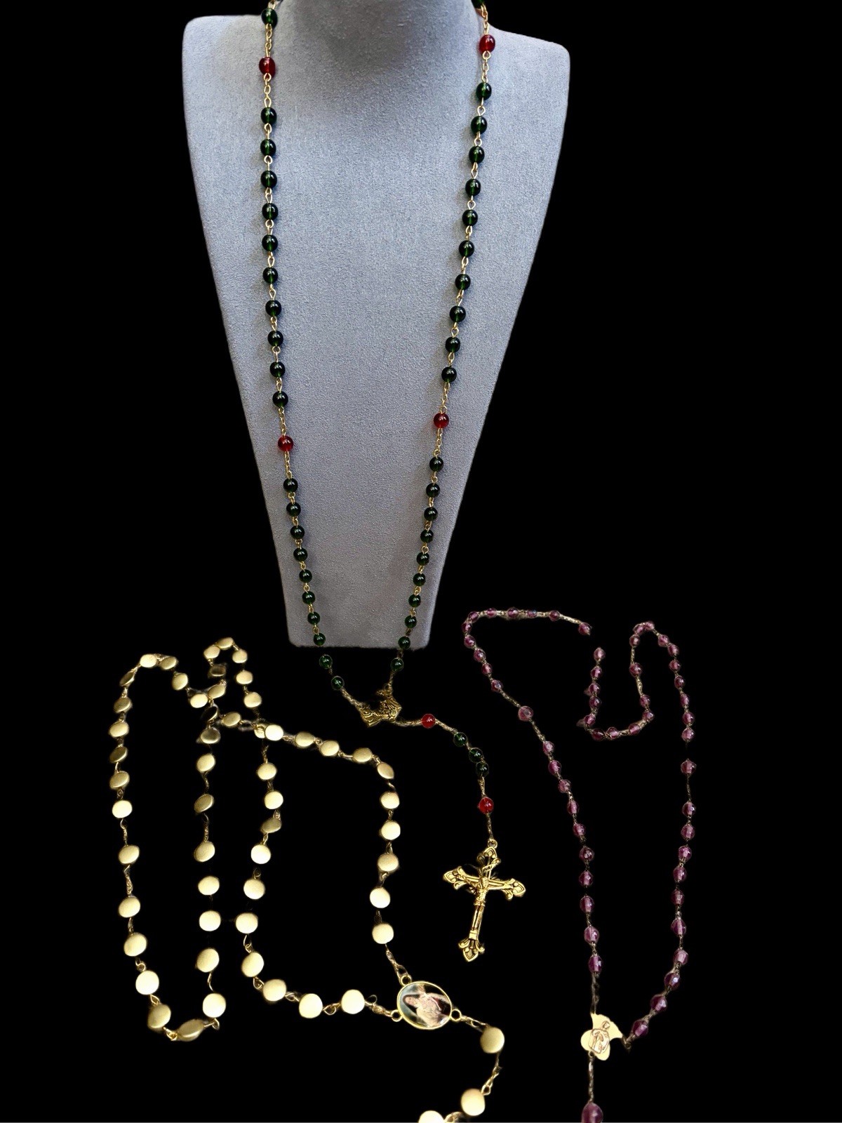 Lot Of 3 Vintage Gold-Tone Catholic Rosaries-Gold-Purple-Green Plastic~1990s