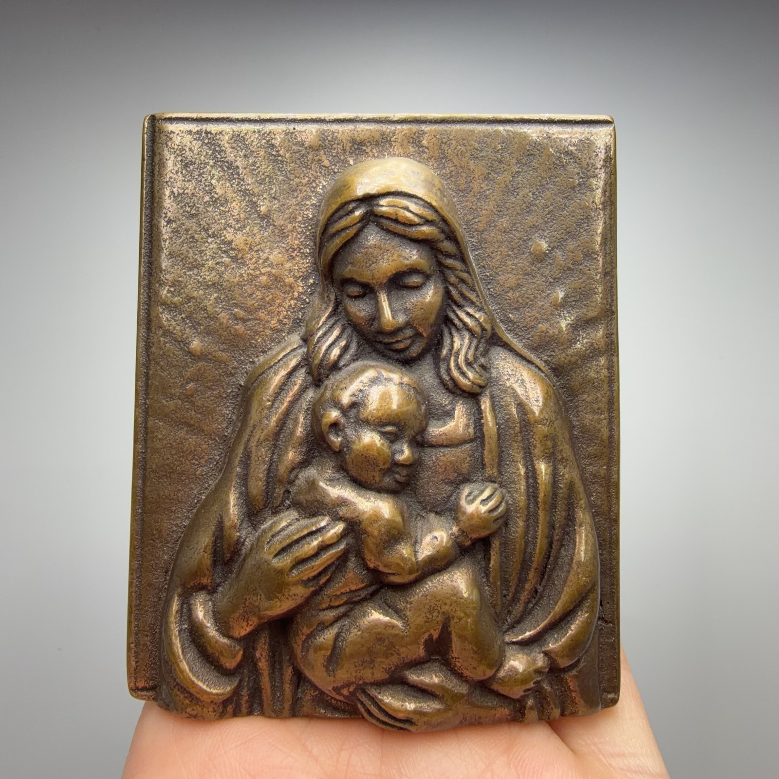 Rare Vintage German Bronze Madonna & Child Wall Plaque – Religious Relief Christ