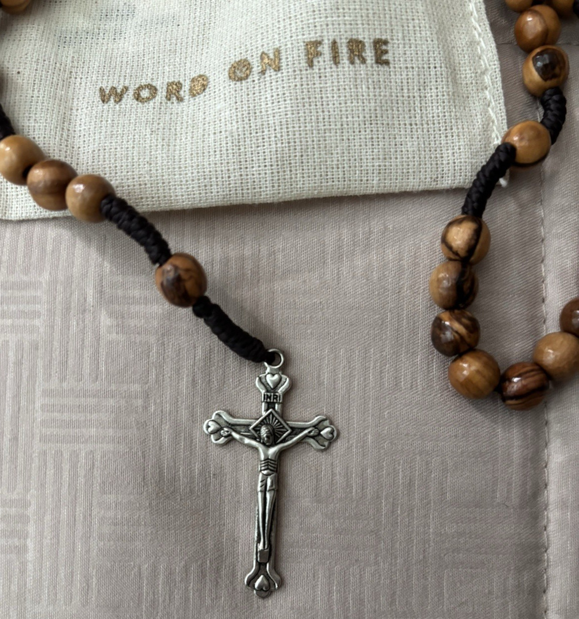 Catholic Rosary Necklace Olive Wood Round Beads Jerusalem Crucifix