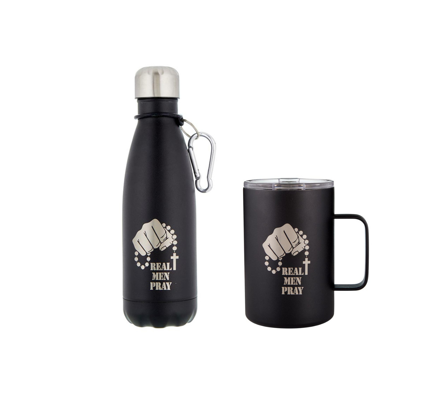 “Real Men Pray” Black Insulated Coffee Mug & Water Bottle Set Catholic