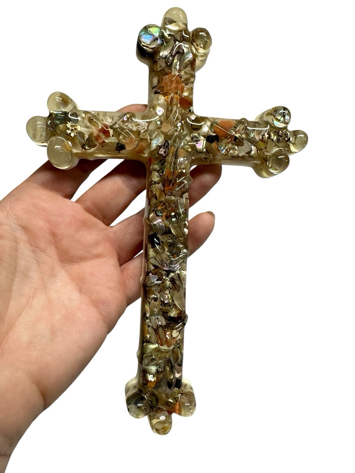 Vintage Cross Lucite Resin Shell Hand Made Wall Hanging Cross Crucifix