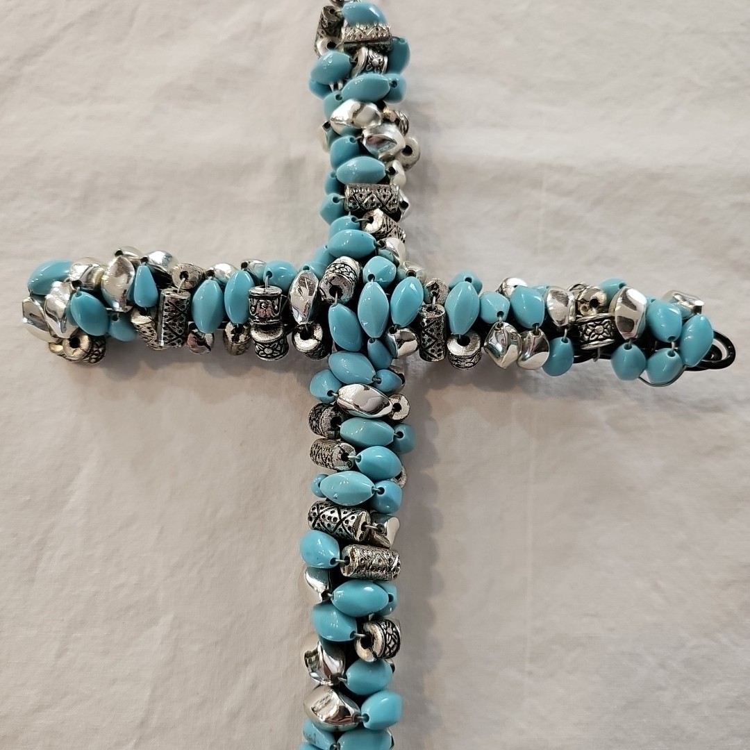 Christian Cross Handmade Turquoise Color Silver Color Beads Wire Frame Crucifix