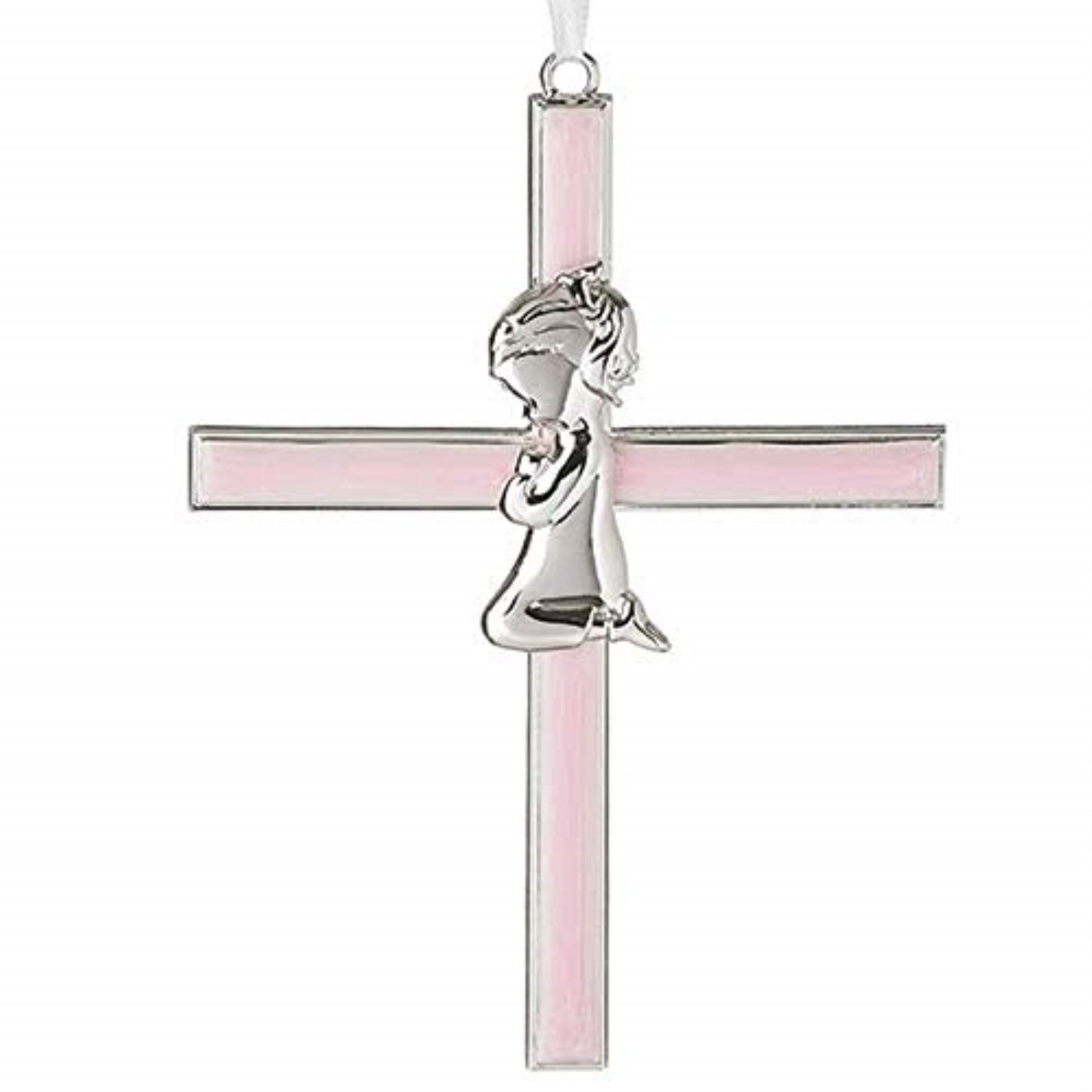Roman Girl Kneeling to Pray Soft Pink Silver 6 inch Zinc Alloy Metal Wall Cross