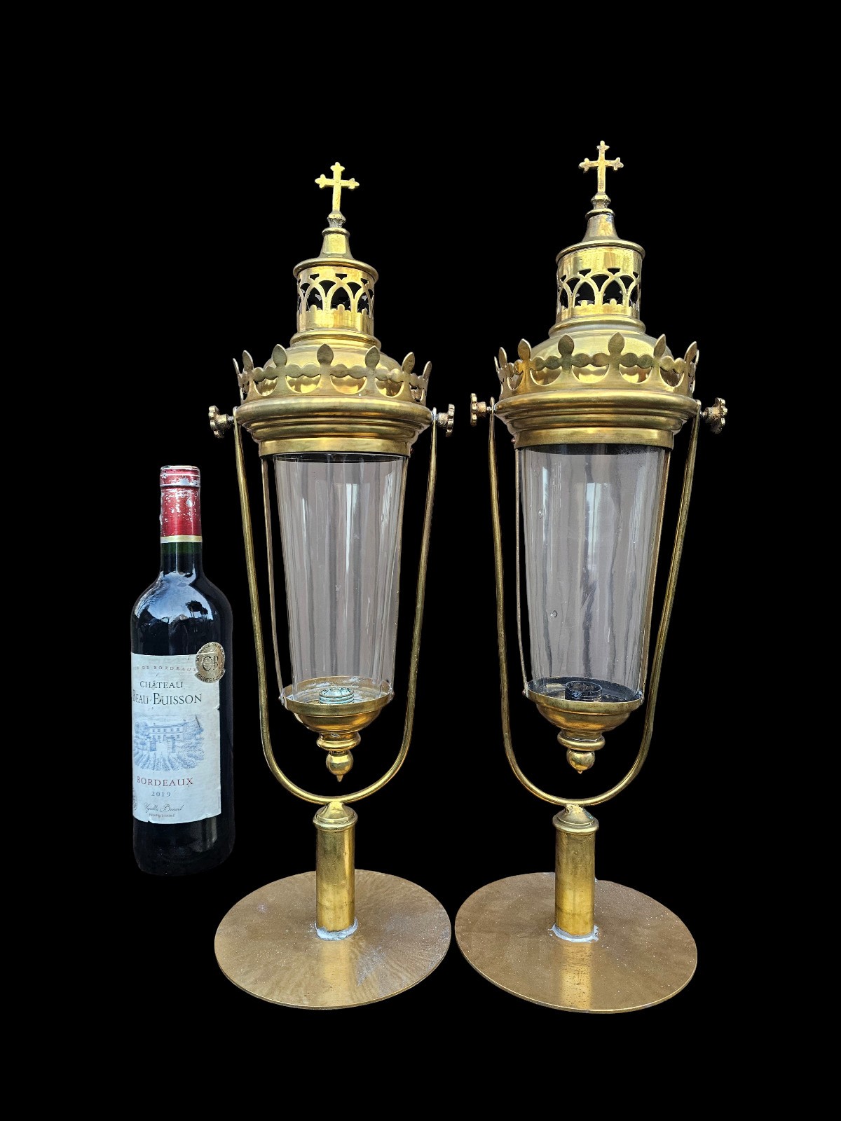 PAIR antique church brass candle light lamps lanterns religious art