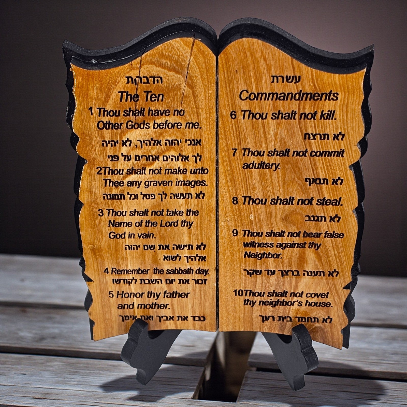 VTG Ten Commandments Jerusalem Olive Wood Plaque English Hebrew Holy Land Israel