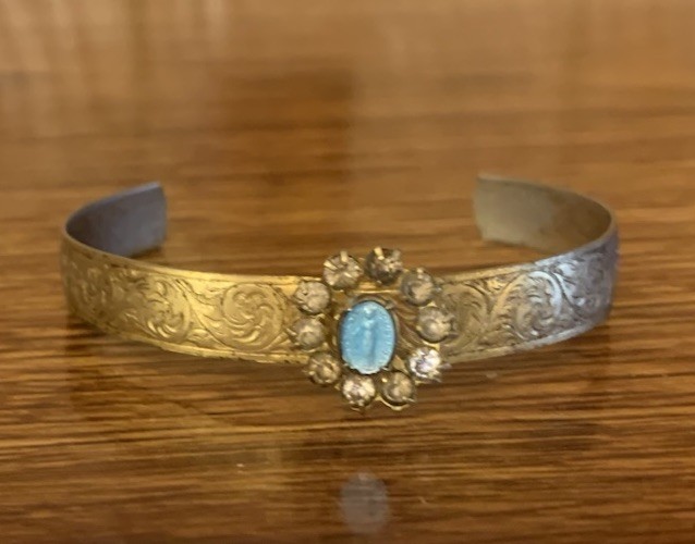 Catholic Girls Cuff Bracelet W/ Miraculous Blue Enamel Medal Vintage 1970s