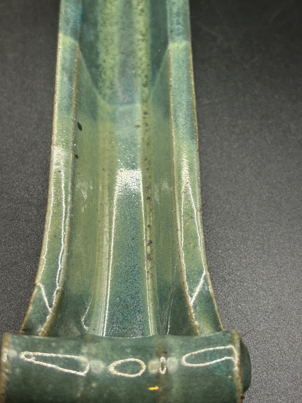 Studio Art Pottery Green Incense Holder Signed Hand Crafted Curved Ends