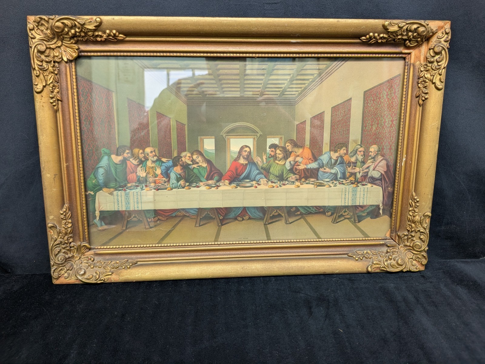 Vtg Last Supper Lithograph Religious Gold Guild Frame 23×15 Vibrant Colors