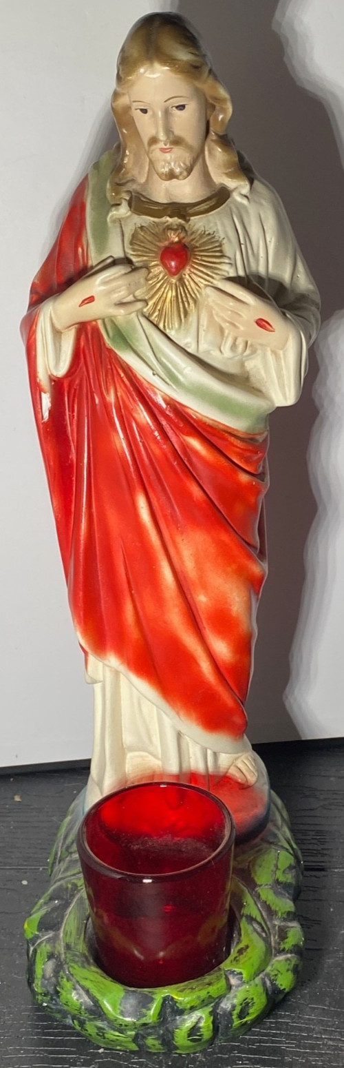 *** VINTAGE NUNS CONVENT SACRED HEART JESUS STATUE W/ VOTIVE HOLDER 13.125″
