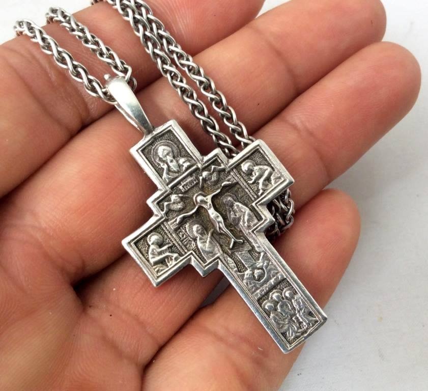Russian Sterling Silver 925 Orthodox Crucifix Cross Pendant Necklace with Chain