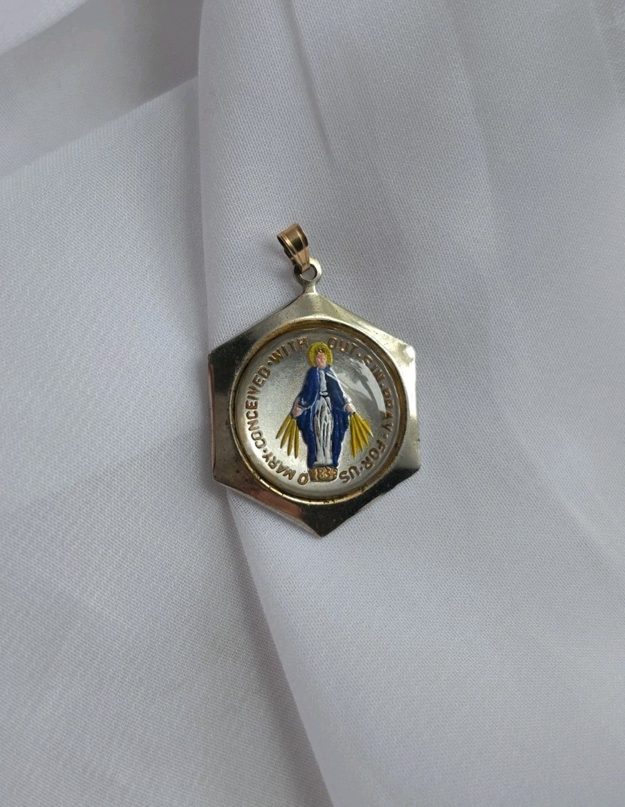 1960s Catholic Miraculous Mary Reverse Painted Pendant